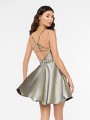 Style 3687RK eye-catching beaded motif crisscross back short A-line dress in iridescent satin fabric Style 3687RK eye-catching beaded motif crisscross back short A-line dress in iridescent satin fabric