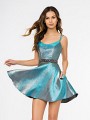 Style 3687RK blue iridescent satin short A-line cocktail dress with scoop neck and side pockets Style 3687RK blue iridescent satin short A-line cocktail dress with scoop neck and side pockets