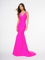 Style 3688RA hot pink deep V-neck floor length mermaid dress with horsehair trim hem Style 3688RA hot pink deep V-neck floor length mermaid dress with horsehair trim hem