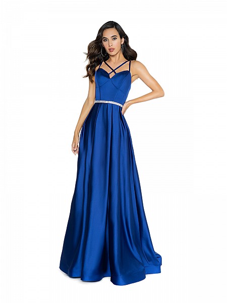 ValStefani 3720RY sleek soft satin navy a-line prom dress with box pleats