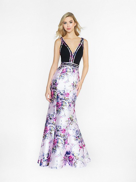 ValStefani 3724RK print black print mikado and chiffon dress with deep v-neck ValStefani 3724RK print black print mikado and chiffon dress with deep v-neck
