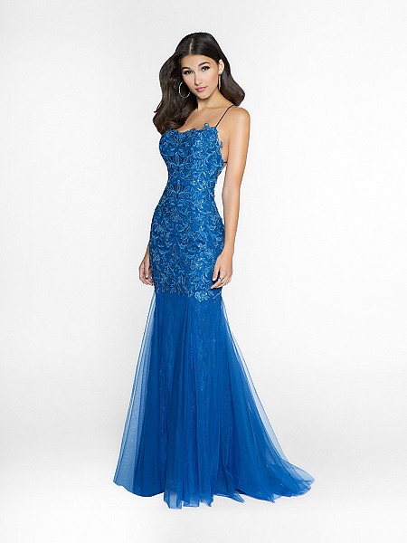 ValStefani 3742RI shiny and elegant night blue dress with scoop neck neckline
