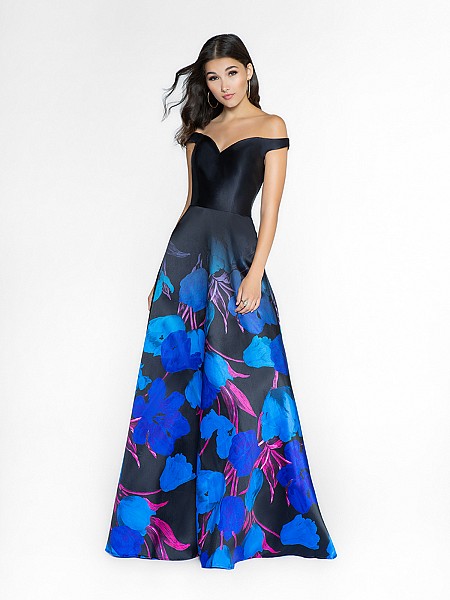 ValStefani 3743RK floral print satin off the shoulder dress with side pockets at skirt ValStefani 3743RK floral print satin off the shoulder dress with side pockets at skirt