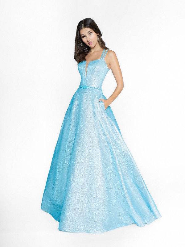ValStefani 3748RC light blue ball gown with square neck neckline and illusion inset