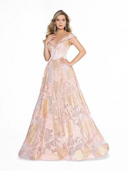 ValStefani 3765RG printed full a-line pink off the shoulder formal gown