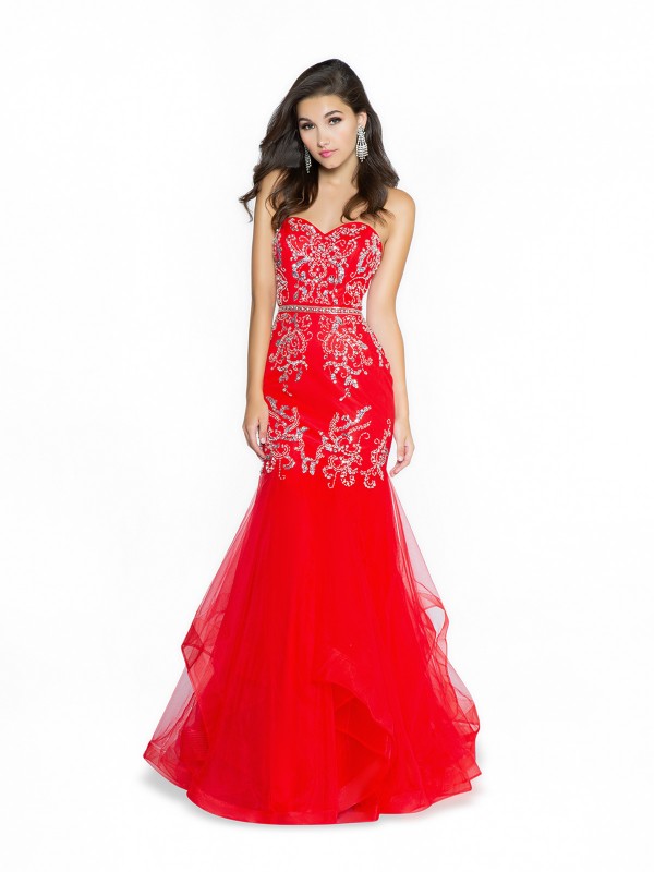 ValStefani 3775RI formal tulle red and silver prom dress with sweetheart neckline