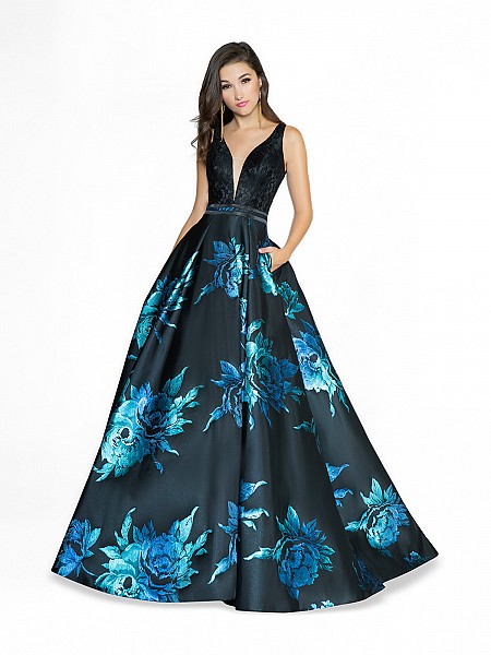 ValStefani 3777RB magical blue and black ball gown with v-neck neckline and illusion inset