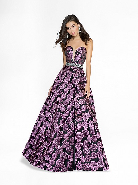 ValStefani 3784RK floral black and purple a-line dress with wrap skirt and beaded band at waist