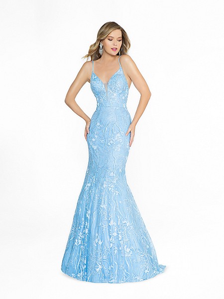 ValStefani 3790RB mermaid sky blue prom dress with deep sweetheart neckline and illusion inset