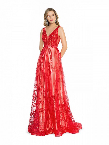 ValStefani 3792RB unlined red and nude dress with deep sweetheart neckline and illusion inset
