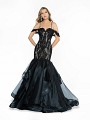 ValStefani 3795RB black and nude mermaid dress with petal skirt and swag sleeves
