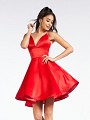 Simple satin short red A-line dress with deep sweetheart neck and thin straps