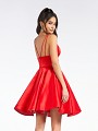 Short red satin A-line homecoming dress with strappy open back