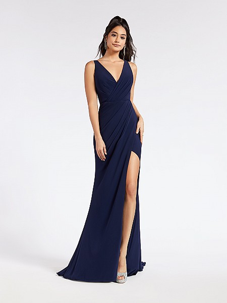 Long navy mermaid formal dress with classic V-neck neckline and leg slit