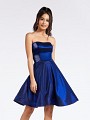 Strapless satin navy short A-line cocktail dress with thin couture band at waist