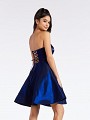 Short shiny satin navy skater dress with lace up tie back and natural waistline