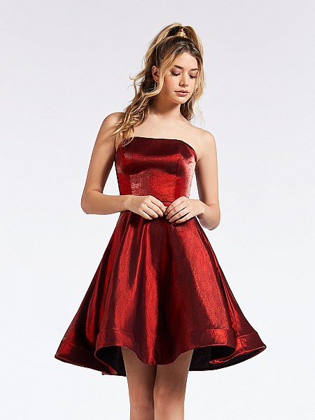 Cute wine colored short A-line dress with soft sweetheart neckline made with shiny satin