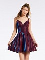 Short iridescent jersey wine hued homecoming dress with deep sweetheart neckline and thin straps