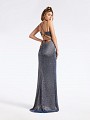 Long formal navy dress with strappy caged back and kick train Long formal navy dress with strappy caged back and kick train