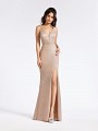 Formal Rose Gold trumpet dress with thin straps and side slit with couture band at waist Formal Rose Gold trumpet dress with thin straps and side slit with couture band at waist