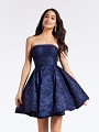 Jacquard print short A-line navy party dress with strapless neckline and pockets at side skirt
