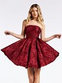 Strapless jacquard homecoming wine dress with box pleats and folded strapless neckline