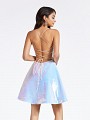 Thigh length short A-line multi purple homecoming dress with lace up strappy back