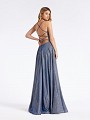 Long sparkly navy dress with crisscross tie back and thin horsehair trim hem Long sparkly navy dress with crisscross tie back and thin horsehair trim hem