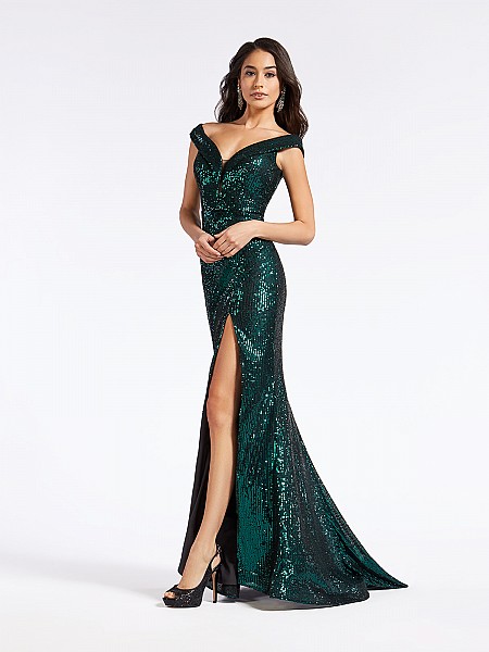 Long sequin emerald mermaid formal dress with off the shoulder neckline and illusion inset