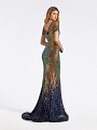 Floor length gradient sequins fabric mermaid gold and navy dress with illusion V-back 