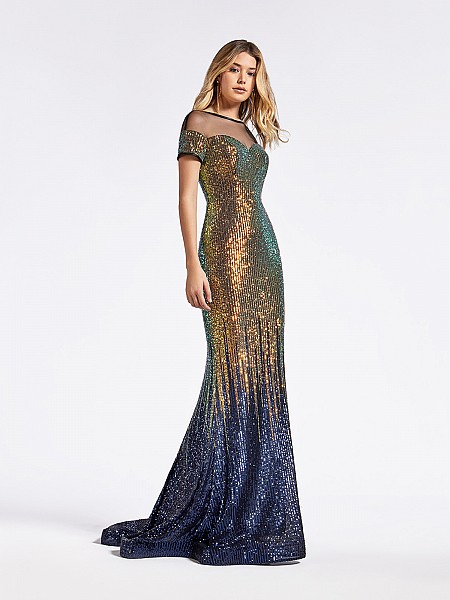Long sequin short sleeveformal gold and navy dress with illusion bateau bodice