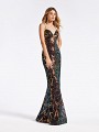 Embroidered sequin fabric multi black formal gown with plunging sweetheart neckline with illusion inset