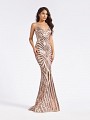 Champagne floor length mermaid dress with deep sweetheart neckline and sparkles