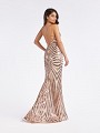 Champagne formal dress with crisscross back made with embroidered sequin fabric