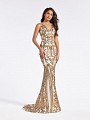 Gold and white mermaid floor length formal gown with v-neckline with inset and sequins Gold and white mermaid floor length formal gown with v-neckline with inset and sequins