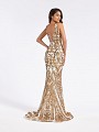 Gold and white floor length sparkly formal gown with kick train and lace-up back Gold and white floor length sparkly formal gown with kick train and lace-up back