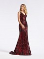 Embroidered red and black sequin fabric formal dress with natural waistline and v-neck neckline Embroidered red and black sequin fabric formal dress with natural waistline and v-neck neckline