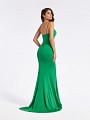 Green floor length jersey fabric prom dress with open back and thin straps