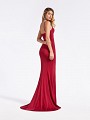 Elegant floor length formal wine gown with kick train and natural waistline