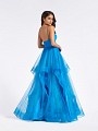 Shimmering floor length turquoise formal gown with horsehair trim hem and natural waistline Shimmering floor length turquoise formal gown with horsehair trim hem and natural waistline