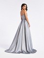 Silver long formal satin prom gown with open back and natural waistline