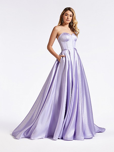 Fairytale inspired strapless lilac formal gown with sparkling corset bodice and pockets at skirt