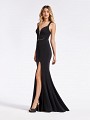 Elegant floor length black jersey dress with slit and sexy illusion inset at waist Elegant floor length black jersey dress with slit and sexy illusion inset at waist