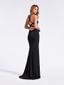 Floor length black jersey formal prom gown with strappy back and kick train Floor length black jersey formal prom gown with strappy back and kick train