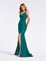 Long stretch satin elegant emerald cocktail gown with ruching at front skirt Long stretch satin elegant emerald cocktail gown with ruching at front skirt