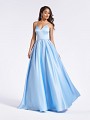 Satin floor length classic sky blue full A-line gown with box pleats and pockets at side skirt
