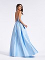 Simple floor length sky blue evening dress with lace-up back and open tie back
