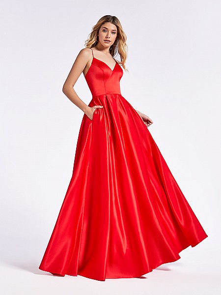Regal red evening full A-line gown with fitted bodice and sweetheart neckline