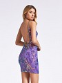 Sparkling thigh length purple and lavender party dress with low illusion cutout back and thin straps