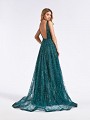 Emerald floor length A-line prom dress with deep square back and kick train Emerald floor length A-line prom dress with deep square back and kick train